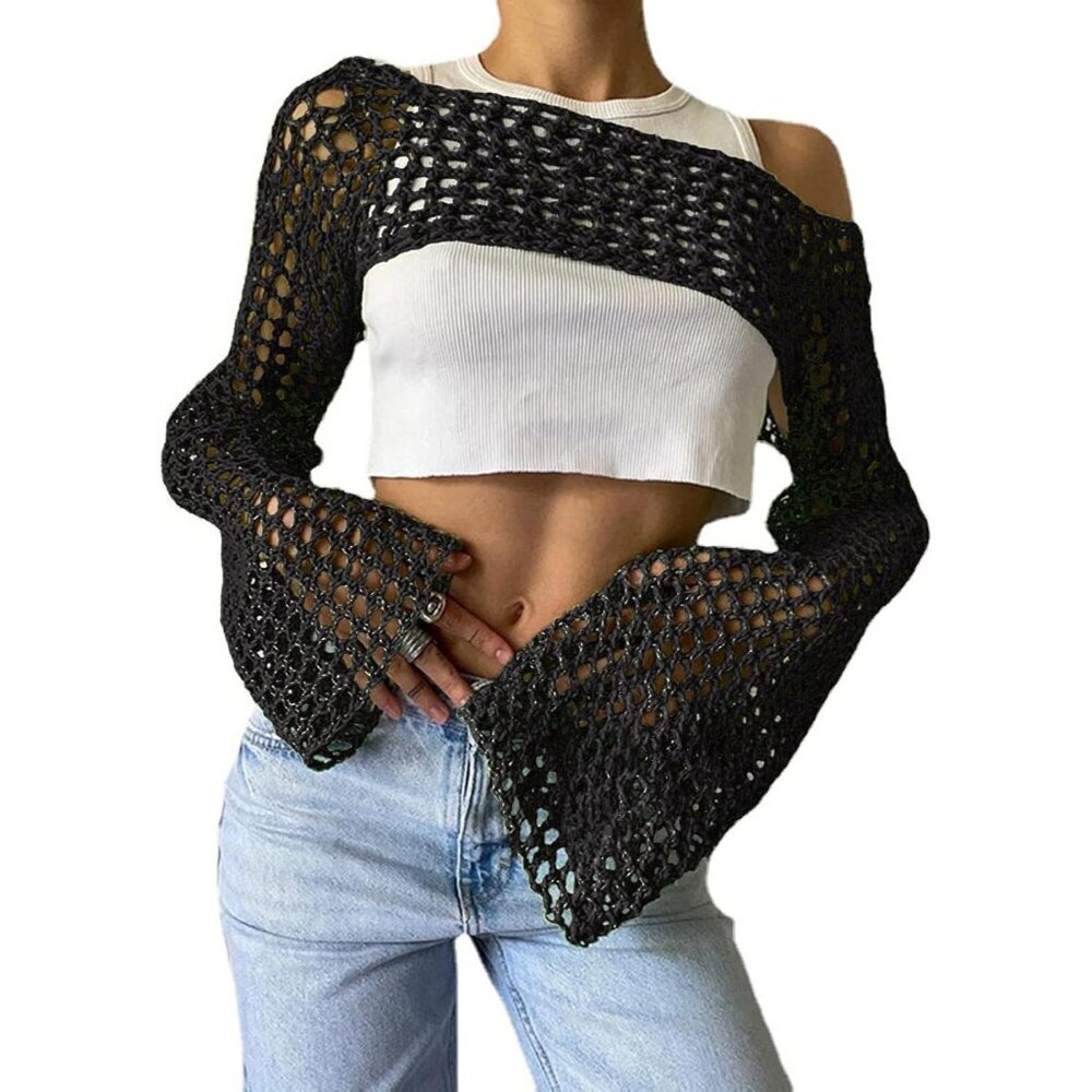 Women's Crochet Crop Top Mesh Beach Cover Up Long Sleeve Summer Vacation